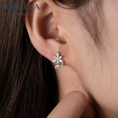 New Design Silver 925 Lab Diamond Ring Cubic Zirconia Flower Stud Earrings for Ladies