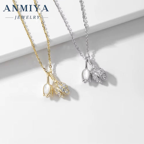 ANMIYA New 925 Sterling Silver Cute 18K Gold Plated Rose Flower Pendant Women'S Necklace Jewelry