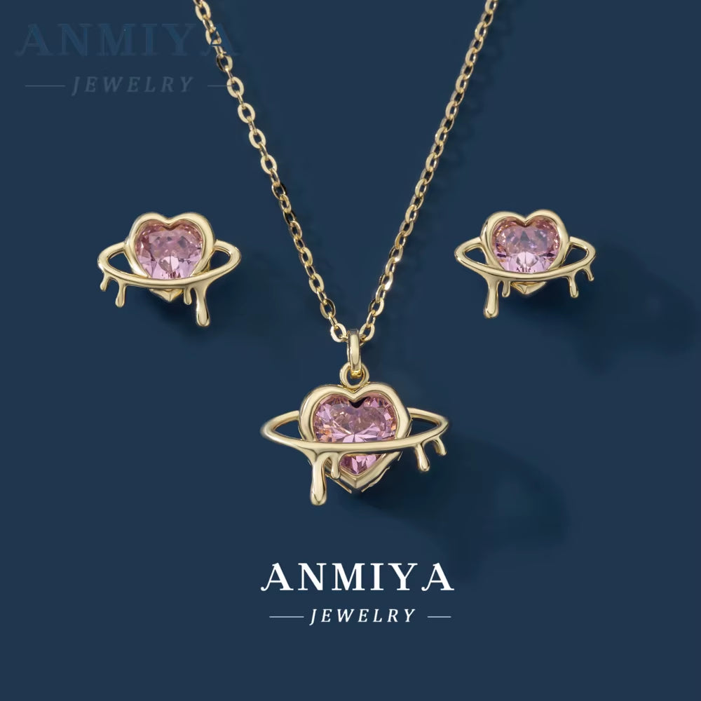 ANMIYA Hot Selling Discount Set Cute Mini Galaxy Pink Heart Necklace Cubic Zirconia Earring Jewelry Set