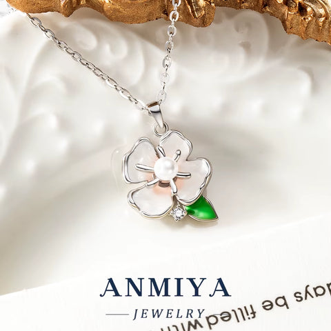 Elegant Silver 925 Jewelry Set Necklace and Stud Earring Featuring Enamel Flower Centered Pearl Inlay for Women Daily Wear