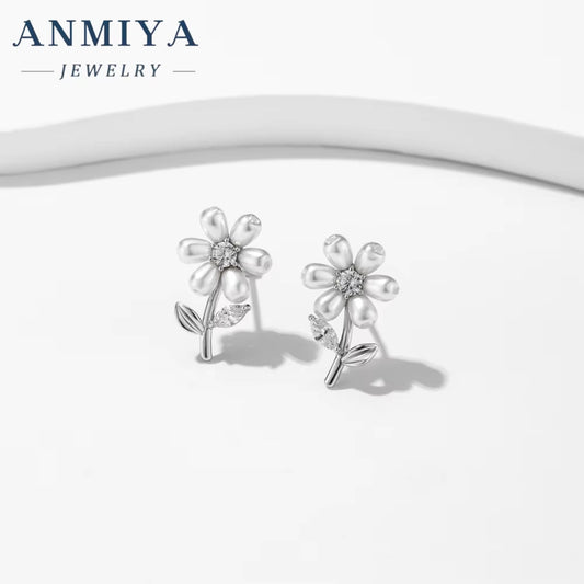 Dainty Sterling Silver 925 Sterling Silver Freshwater Pearl Stud Earrings Flower Design for Gifts