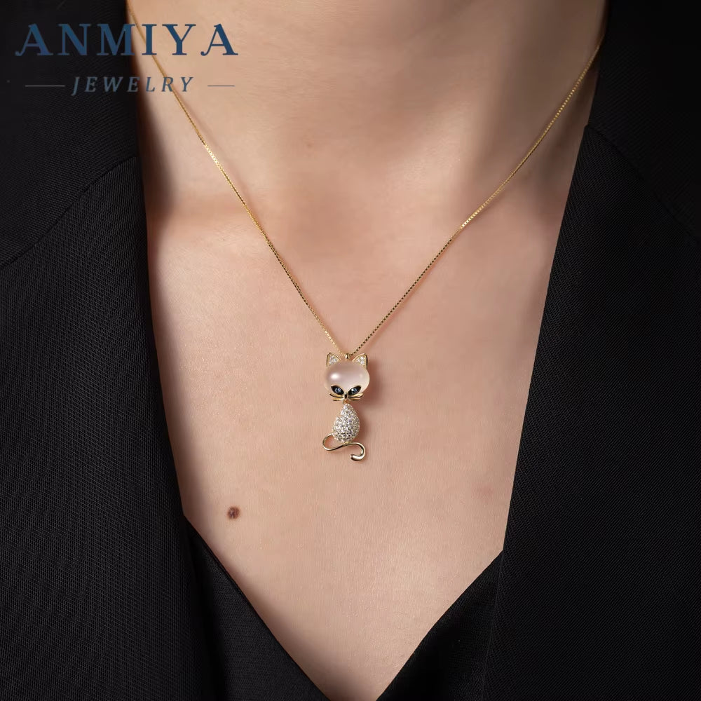 ANMIYA New Design 18K Gold Plated Cat Shape Diamond Zircon Necklace Jewelry Chain for Women Real Gold