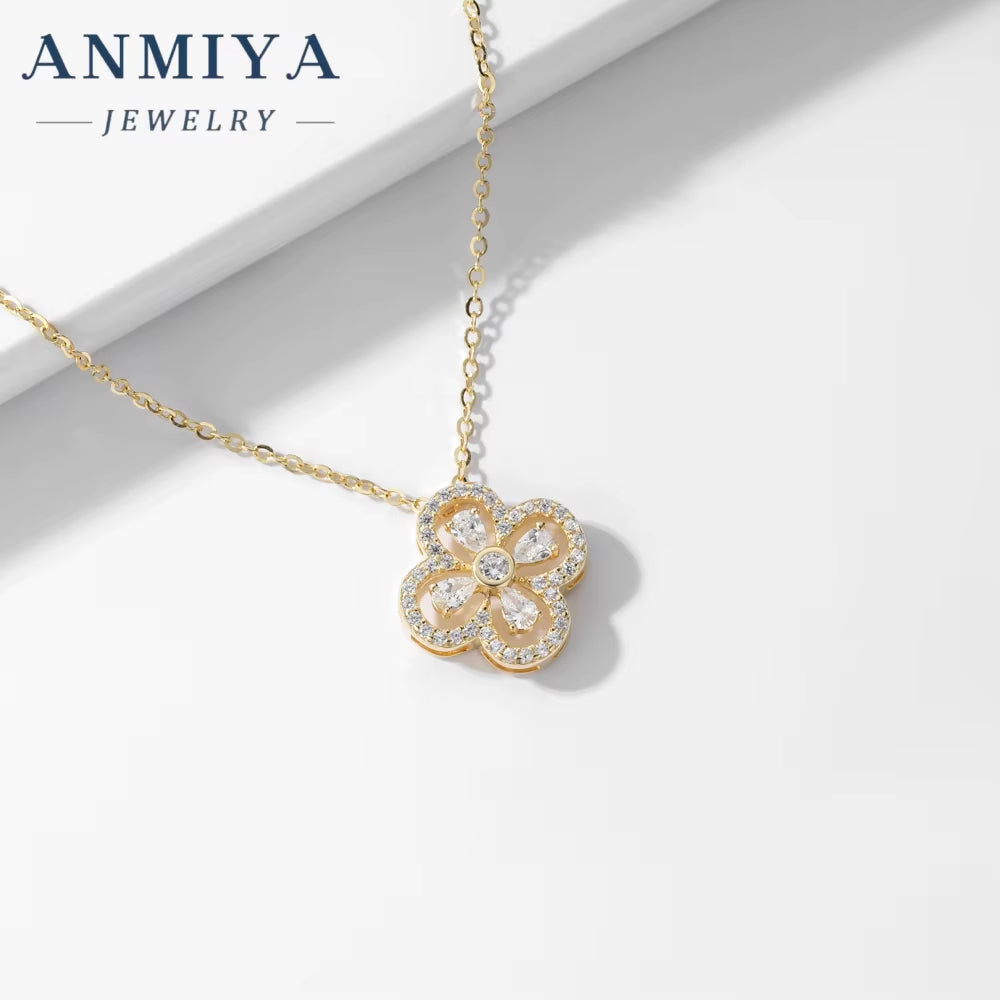 ANMIYA 18K Gold Plating Women'S Necklace Double-Sided Four Leaf Clover Pendant of 925 Sterling Silver