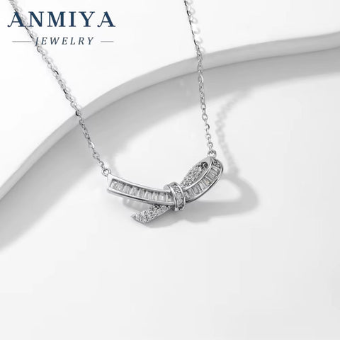 ANMIYA High Quality Original Silver 925 Chain Pendant Real Cubic Zircon Bow Necklace for Women Girls