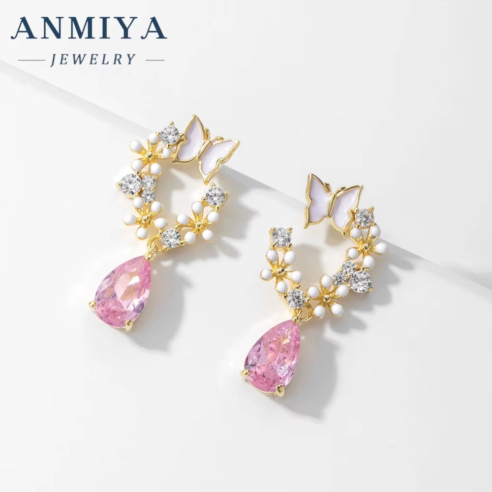 ANMIYA Maker Customizing Jewelry 925 Pink Zircon Water Drop Garland Earrings Set and Necklace for Gift Girls