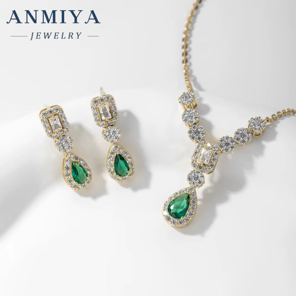 Fashionable Best Selling Emerald Zircon 925 Silver 18K Gold Necklace Pendant Jewelry Water Resistant Necklace Earrings Set