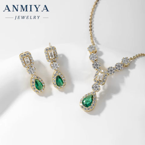 Fashionable Best Selling Emerald Zircon 925 Silver 18K Gold Necklace Pendant Jewelry Water Resistant Necklace Earrings Set