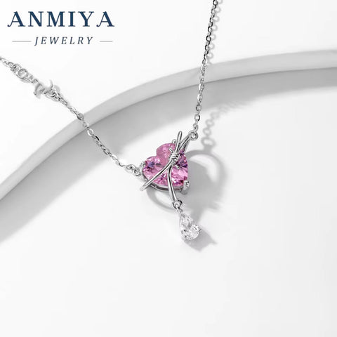 ANMIYA Fashion Jewelry Pink Heart Zircon Charm 925 Sterling Silver Necklace for Girlfriend Girl