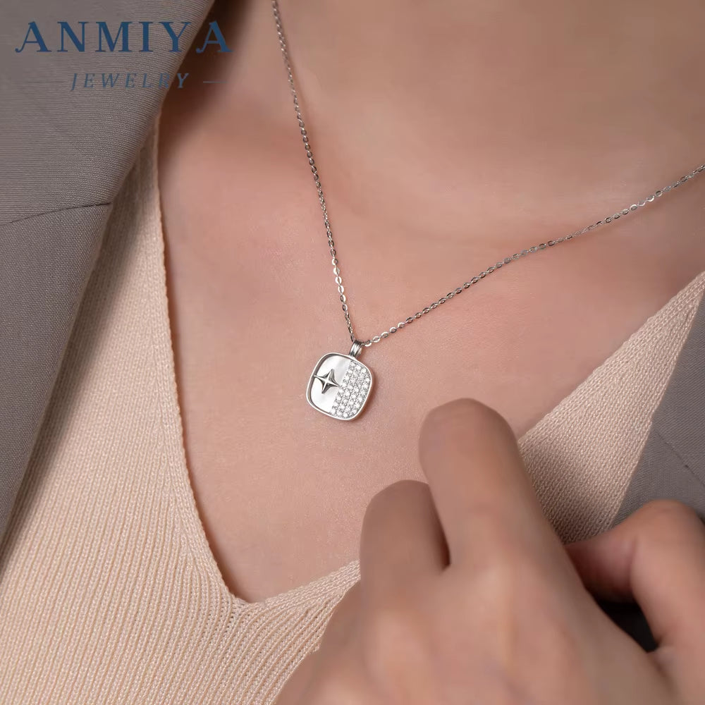 ANMIYA 925 Sterling Silver Minimalist Elegant Necklace Zircon White Shell Square Geometric Design Inoxidable Wedding