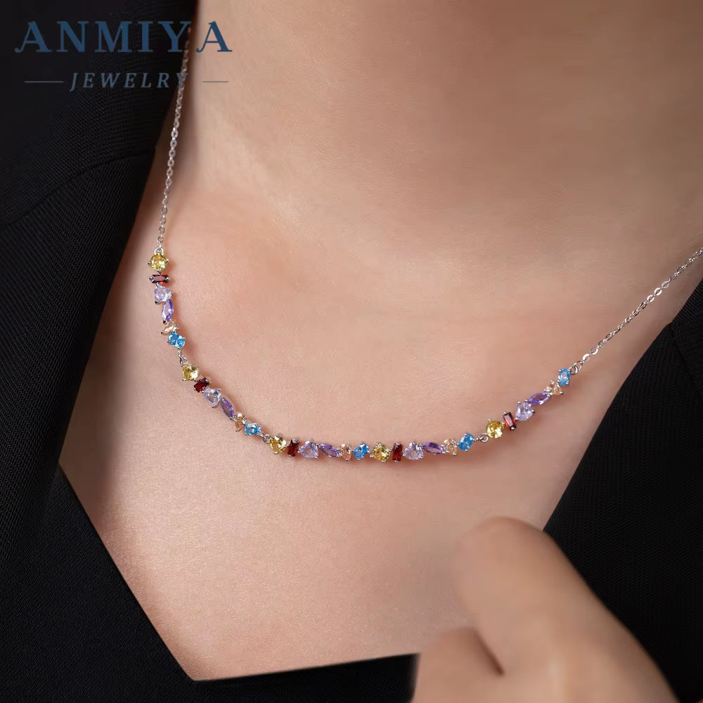 ANMIYA Custom 925 Sterling Silver Colored Zircon Heart Necklace Link Chain Collarbone for Bestfriend Jewelry Accessory