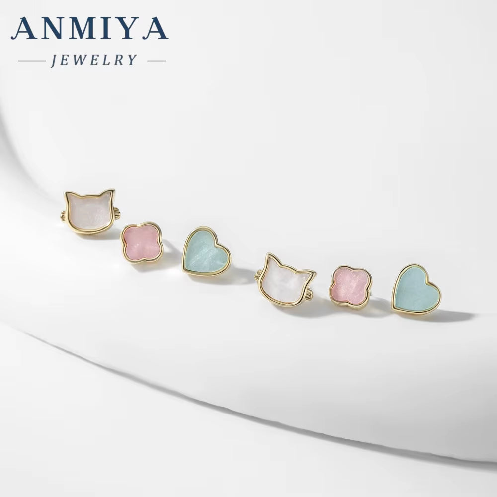 ANMIYA New Collection Cat Heart Four-Leaf Clover Earrings White Shell 925 Silver Pink Blue Zirconia 3Pcs Set Earrings
