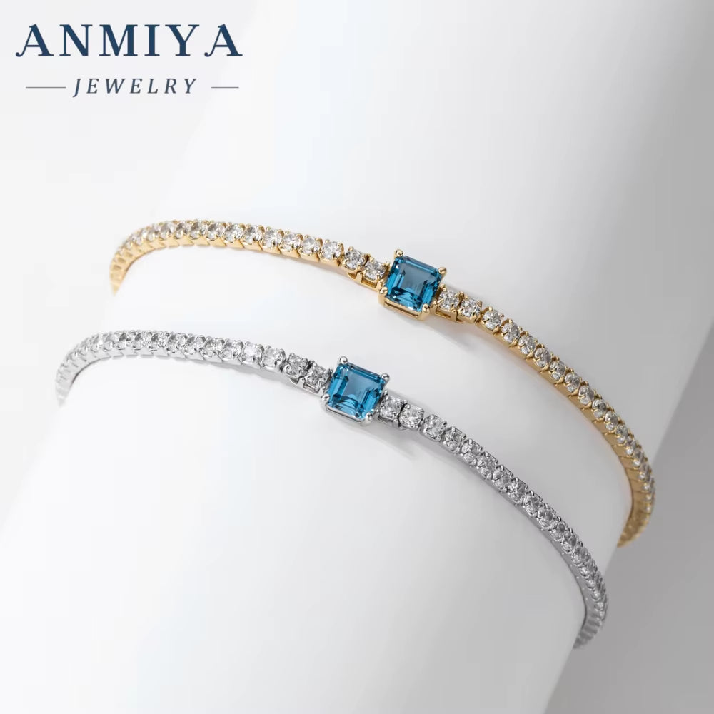 ANMIYA Jewelry 18K Gold Plated Chain Bracelet 925 Sterling Silver Blue Square Cubic Zircon Bracelet