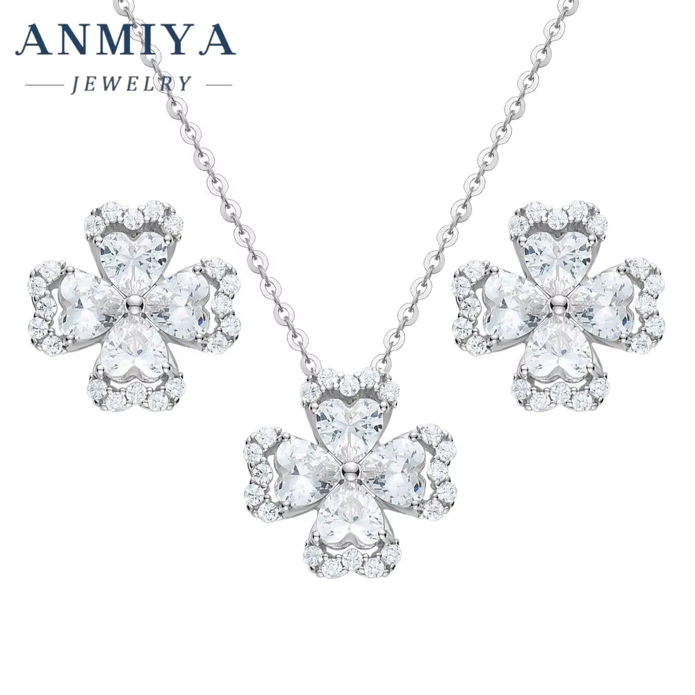 Silver Four-Leaf Clover Necklace Stud Earrings Waterproof Jewelry Four-Leaf Clover Flower Jewelry Sets