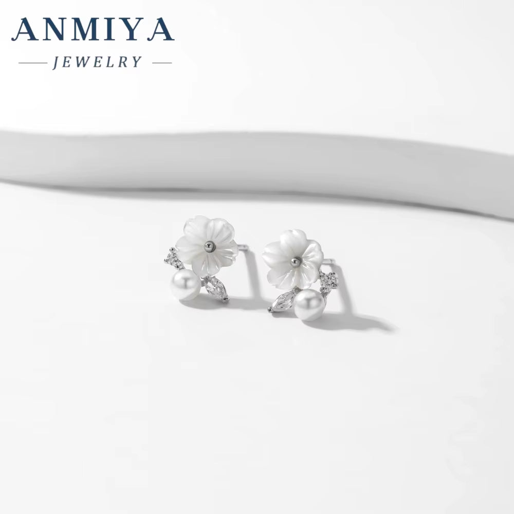 ANMIYA Dainty Sterling 925 Silver White Flower Pearl Cubic Zircon Vintage Earrings for Women