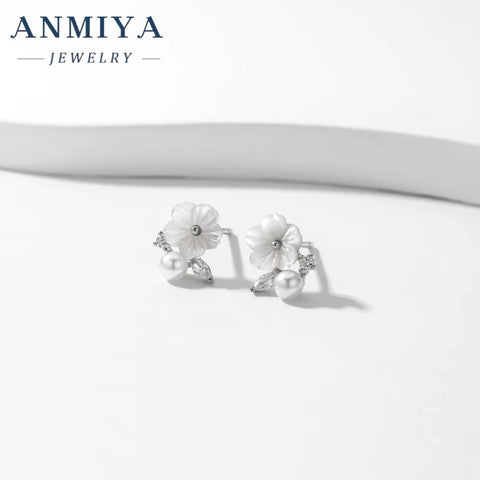 ANMIYA Dainty Sterling 925 Silver White Flower Pearl Cubic Zircon Vintage Earrings for Women