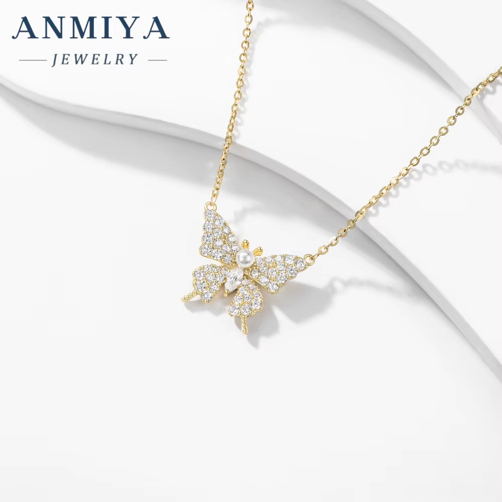 ANMIYA Necklace Golden Plating Fashion Women Jewelry 925 Sterling Silver Butterfly Necklace