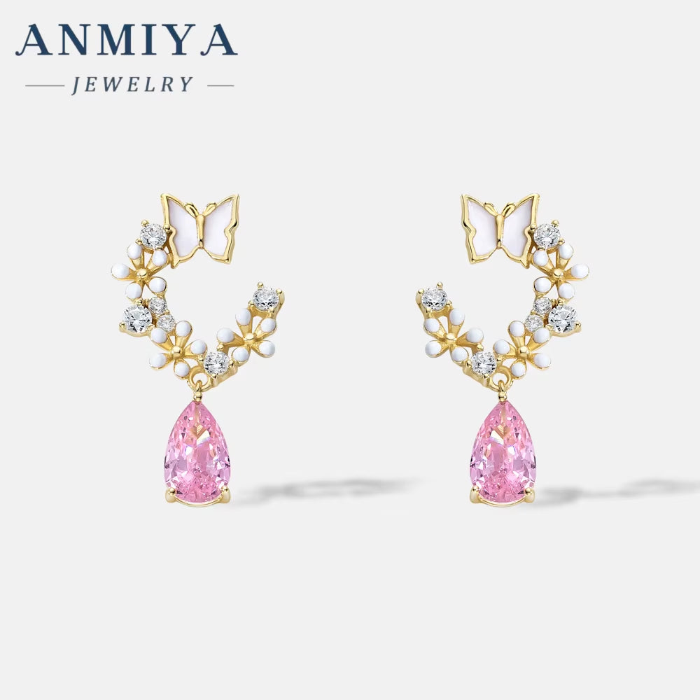 ANMIYA Best Selling Accessory Jewelry Sterling 925 Pink Zircon Water Drop Garland Earrings Set and Necklace for Gift Girls