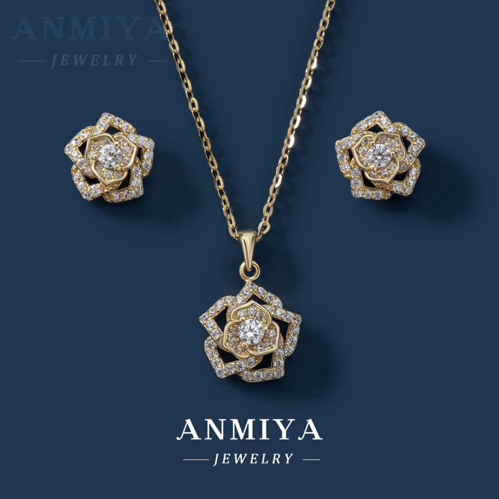 Women White or Rose Gold Plated White Zircon Roses Flowers S925 Necklace and Earrings Set Dubai Gold Jewelry Set