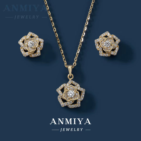 Women White or Rose Gold Plated White Zircon Roses Flowers S925 Necklace and Earrings Set Dubai Gold Jewelry Set