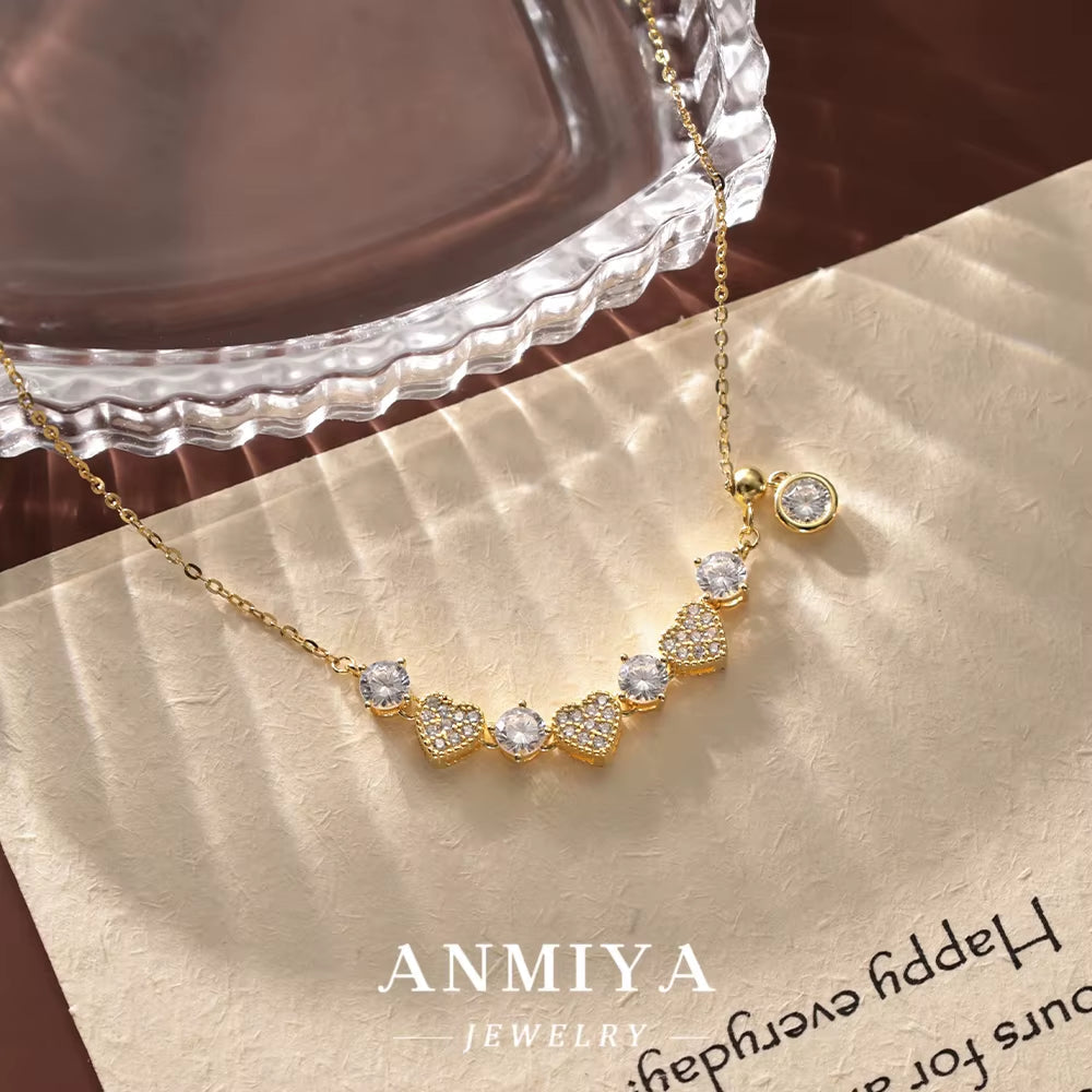 ANMIYA 18K Gold Plated S925 Silver Necklace Heart round Shape Cubic Zirconia Pendant Necklaces for Women