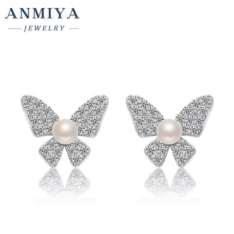 ANMIYA Fashion 925 Silver Jewelry Vintage Cz Pearl Butterfly Earrings Rhinestone Pearl Stud Earrings