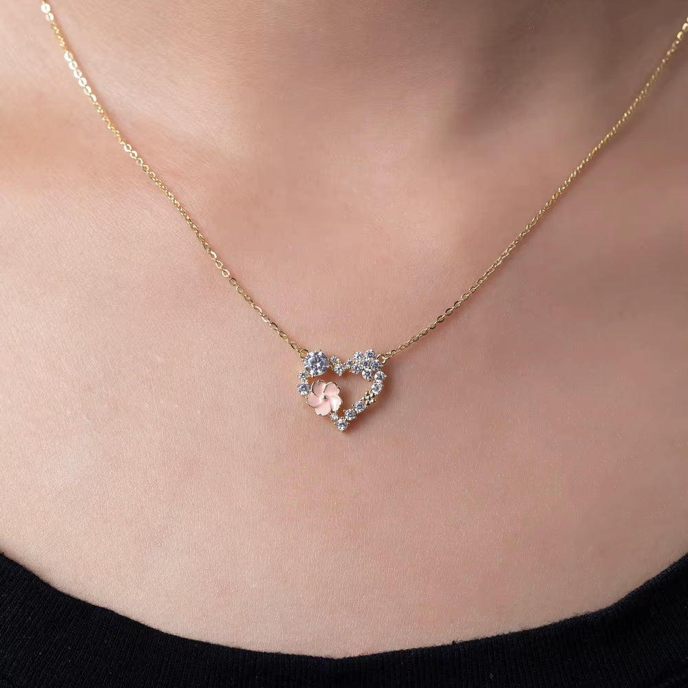 ANMIYA Fine Jewelry 925 Sterling Silver Gold Plated Pink Zircon Heart Necklace for Lover