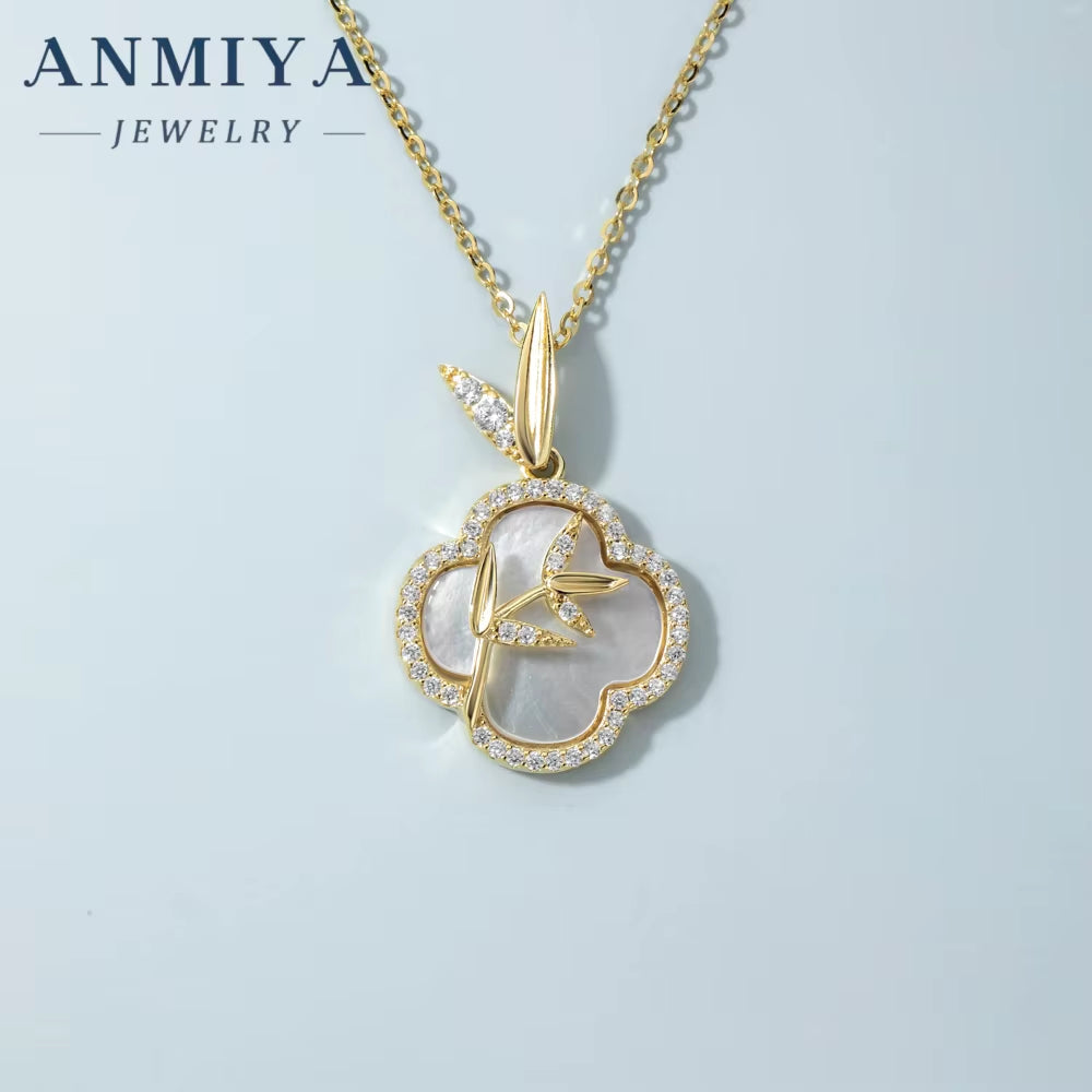 ANMIYA Custom Women'S Lucky Clover 925 Silver 18K Gold Necklace with New Chinese Bambo Pendant Zircon Stones Necklace