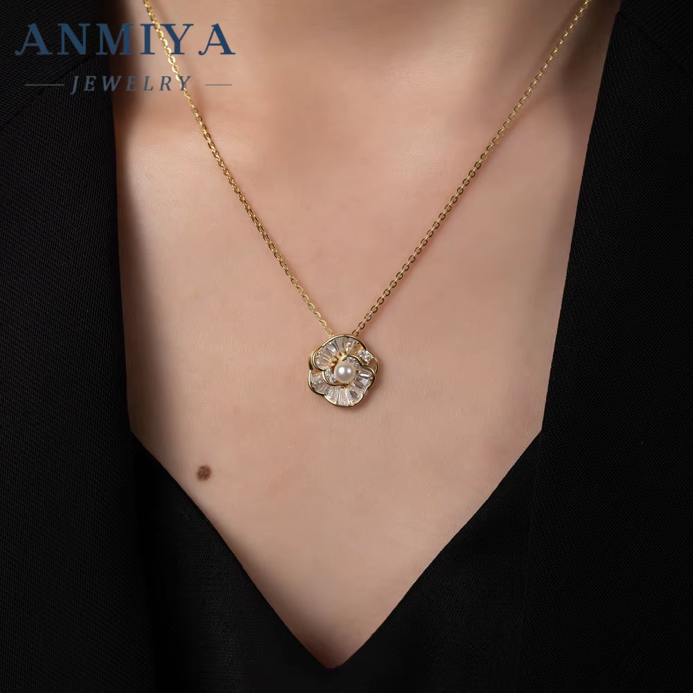 ANMIYA Customilzed 18K Gold Plated Flower Shape Fresh Water Pearls Earrings Necklace Jewelry Set for Girl