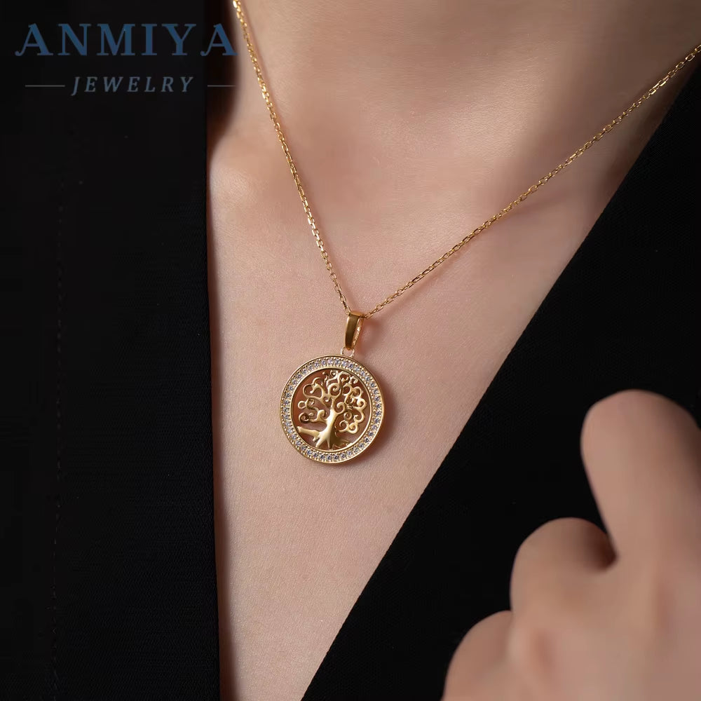 Rhinestones 925 Sterling Silver Necklace Gold Plated Diamond Inlaid Hollow Life Tree round Pendant Necklace for Women
