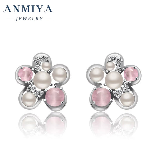 ANMIYA 925 Sterling Silver Zircon Pearl Flower Stud Earrings Cute Studs Rhodium Plated Fine Jewelry for Girl