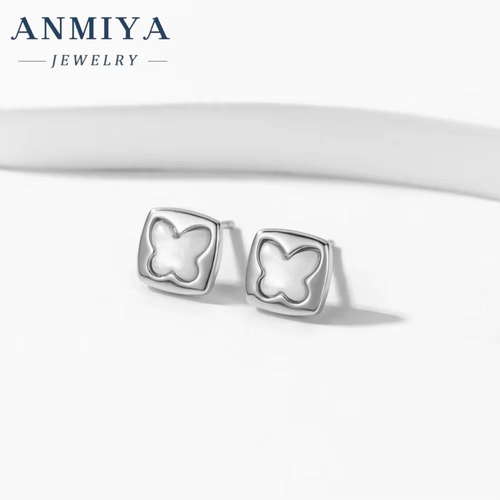 ANMIYA Square Butterfly Shape 18K Gold Plated Shell Jewelry Fashion Stud Earrings