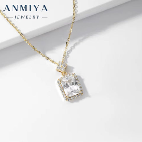 Fashion Jewelry Women 925 Sterling Silver Gold Plated Cubic Zircon Necklace Square Necklace for Women