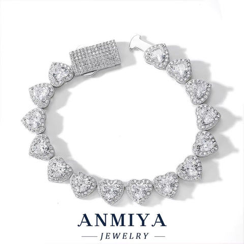 Customize Cuban Bracelet Chain 925 Silver Jewelry Heart Bling Zircon Female Cuban Link Bracelet with Heart