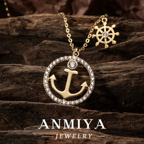 925 Sterling Silver 18K Gold Plated Anchor and Ship Wheel Pendant with Cubic Zirconia Nautical-Inspired Jewelry Necklace
