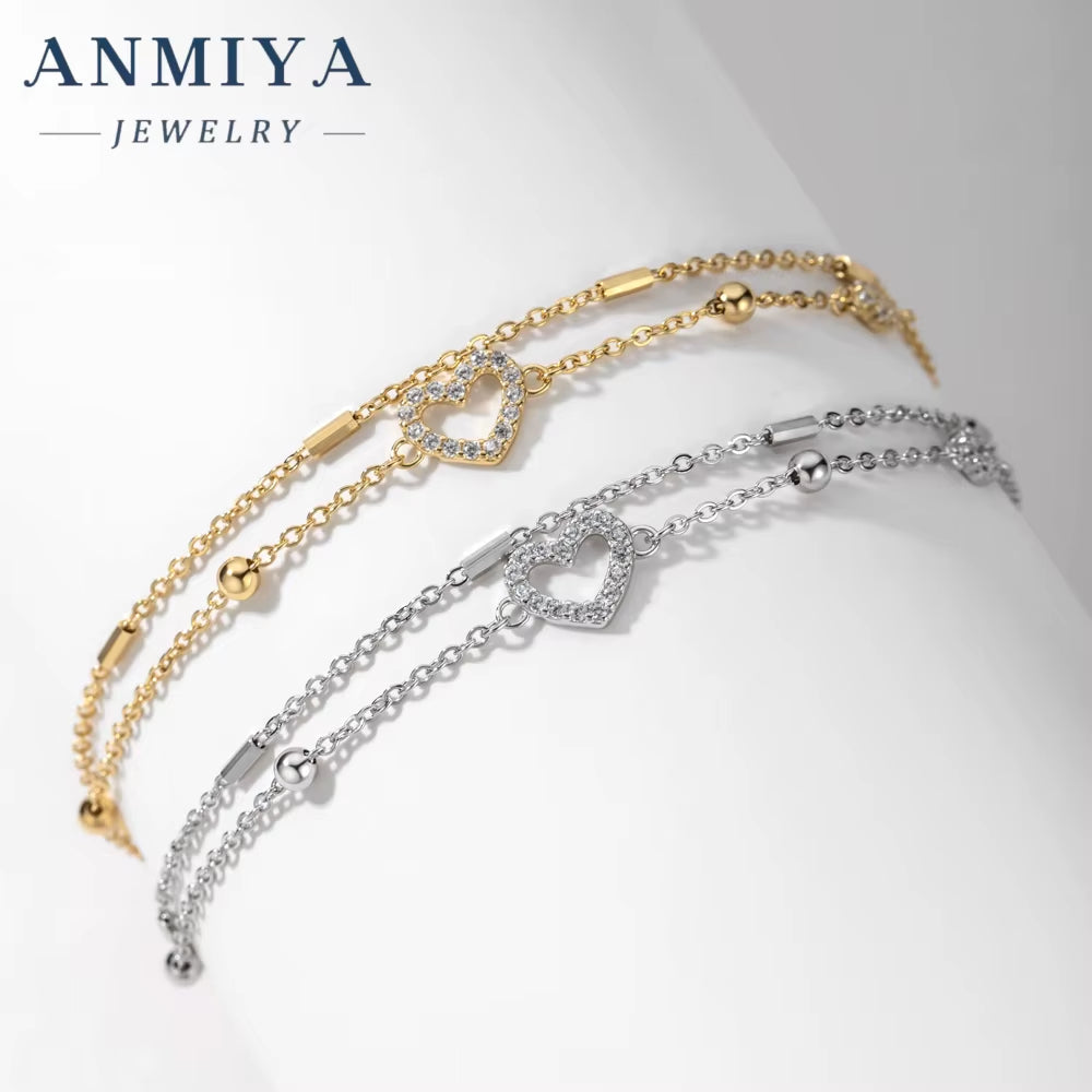 Adjustable 925 Sterling Silver Double Layer Heart Bracelet for Women Fine Jewelry with Sparkling Zircon Stone Gift
