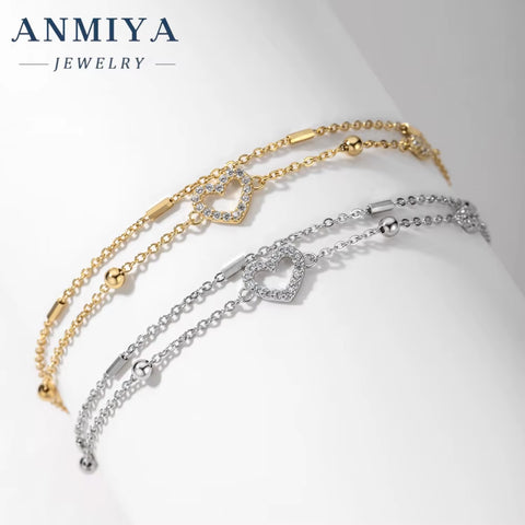 Adjustable 925 Sterling Silver Double Layer Heart Bracelet for Women Fine Jewelry with Sparkling Zircon Stone Gift