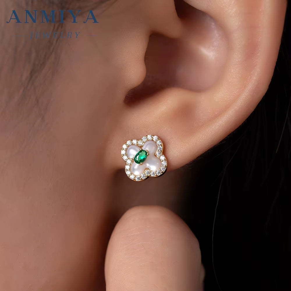 Customized Elegant New Tide Green Zircon Four Leaf Clover Necklace and Earrings Sets 925 Silver for Women