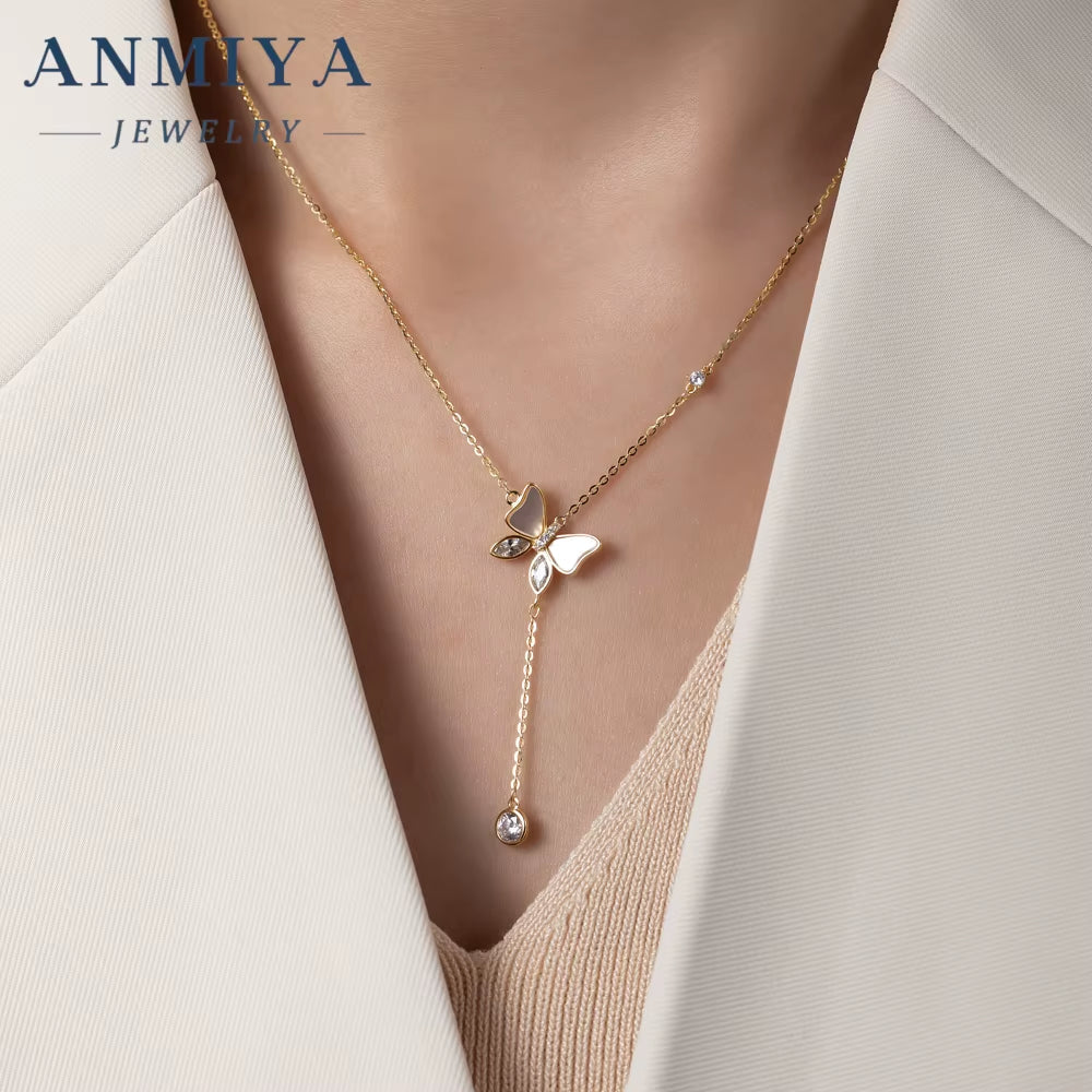 ANMIYA Custom Elegant Fashion Jewelry Necklace 925 Sterling Silver White Shell Butterfly Pendant Gift