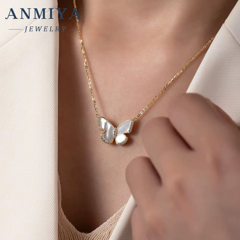 ANMIYA Fine Jewelry 925 Sterling Silver Necklace 18K 14K Gold Plated Butterfly Shape Charm Necklace