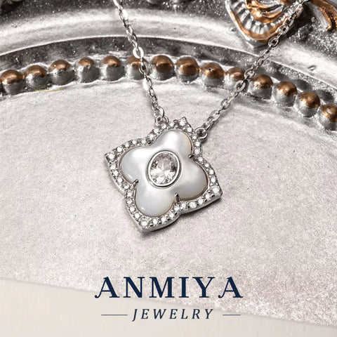ANMIYA 925 Sterling Silver Four Leaf Clover Necklace White Shell with Zircon Customizing Jewelry Necklace