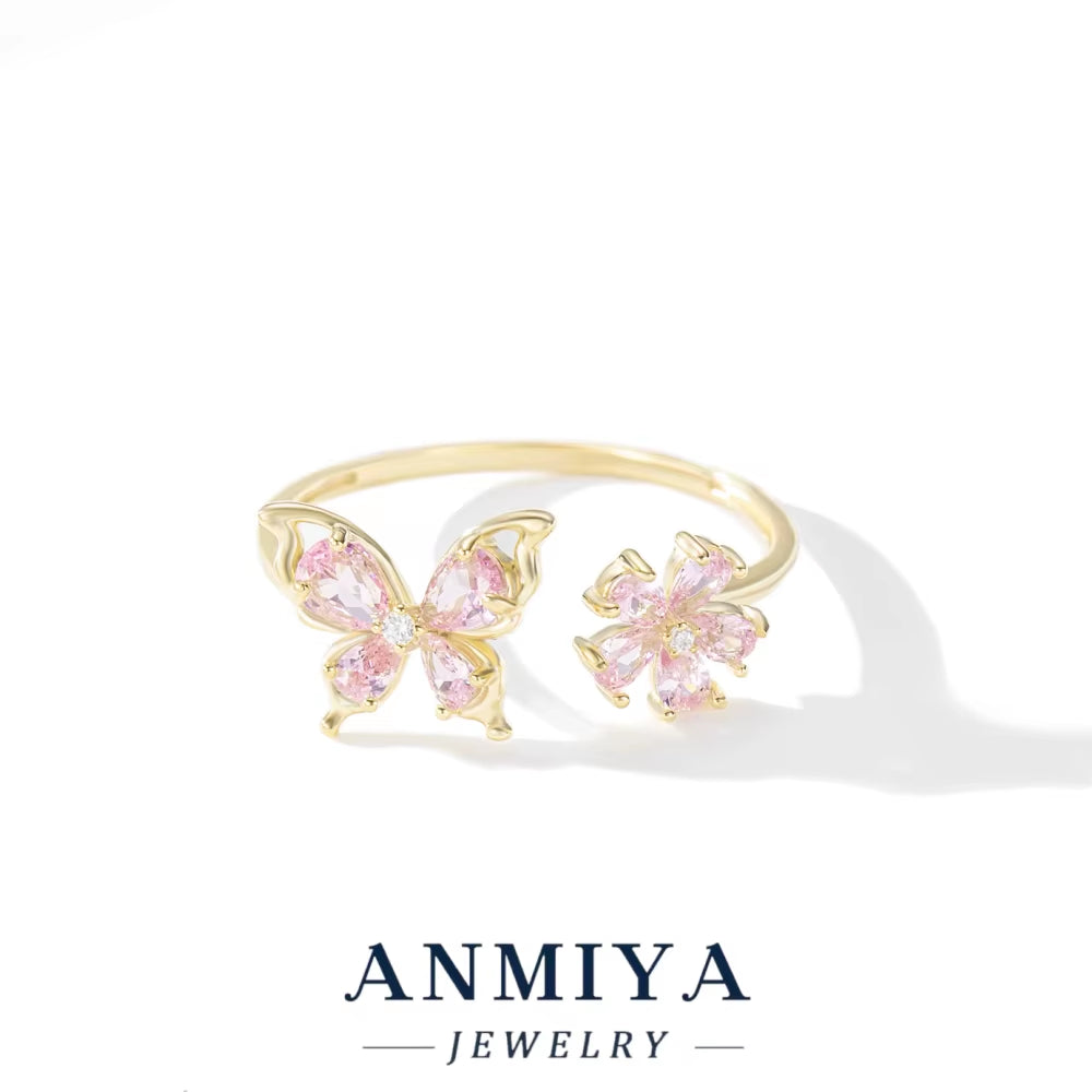 925 Sterling Silver Wholesale Butterfly Ring with Pink Purple Zircon, Bulk Flower Jewelry for Holiday Wedding, Anniversary Gifts