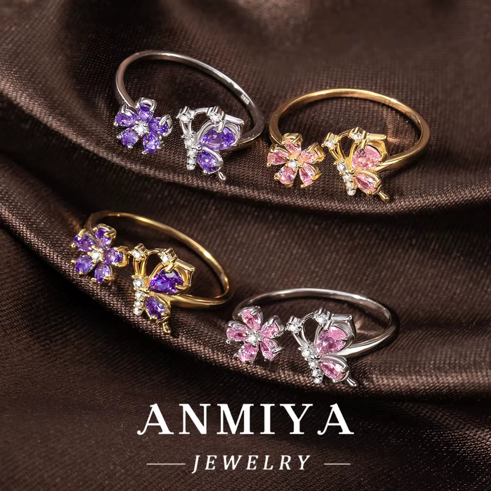 Luxury Wholesale 925 Sterling Silver Butterfly Floral Ring with Pink Purple Zircon for Party Events, Anniversary Gifts