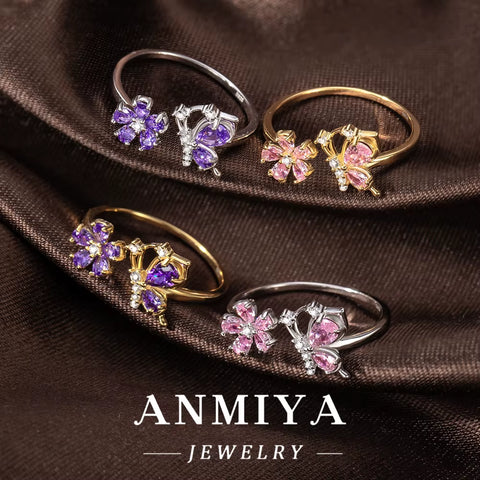 Luxury Wholesale 925 Sterling Silver Butterfly Floral Ring with Pink Purple Zircon for Party Events, Anniversary Gifts