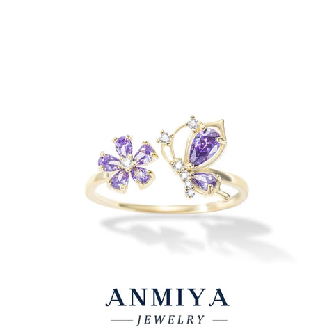 Luxury Wholesale 925 Sterling Silver Butterfly Floral Ring with Pink Purple Zircon for Party Events, Anniversary Gifts