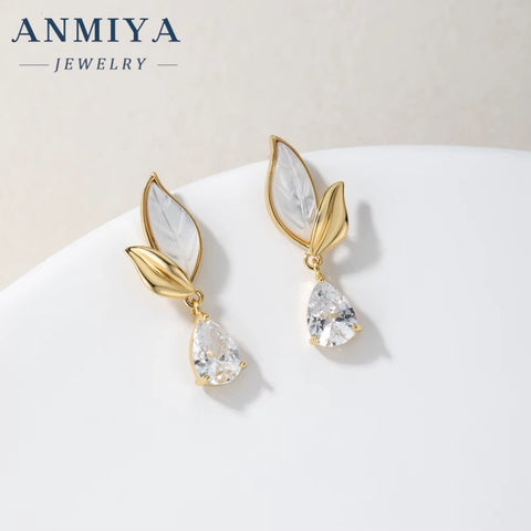 ANMIYA Long Leaf 18K Gold White Shell Drop Water Zircon 925 Silver Charm Pendant Necklace Earrings Set for Women