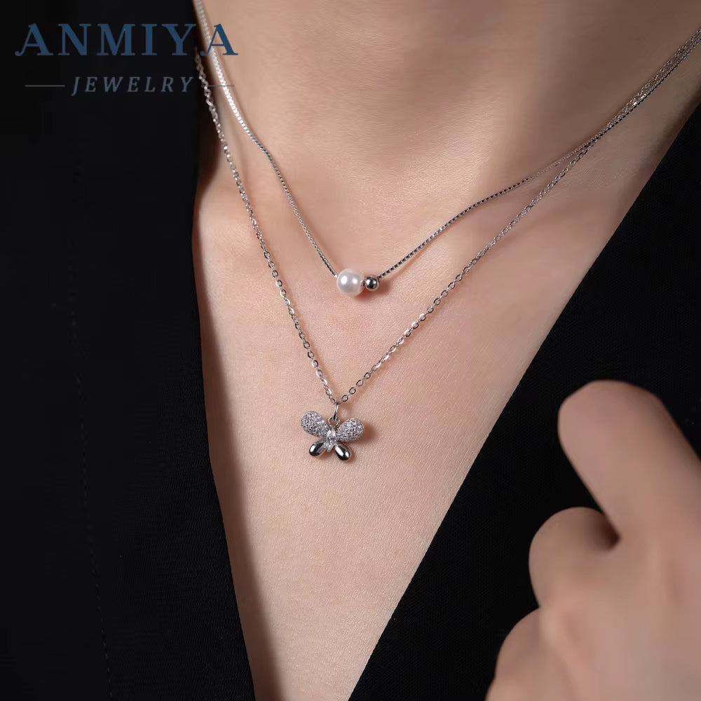 ANMIYA Women Multi-Layered Pearl Butterfly Zircon 925 Sterling Silver Valentine'S Day Charm Necklace for Women