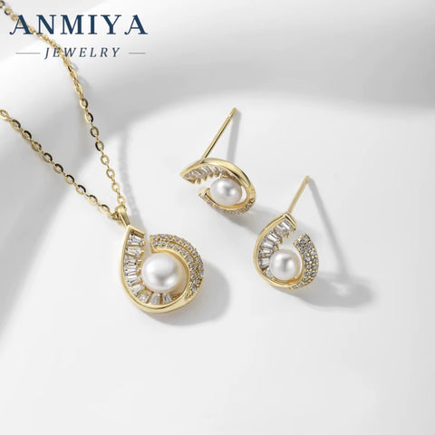 ANMIYA Water Resistant Plated Gold Jewelry Water Drop Shape Fresh Water Pearl 925 Silver Earrings Set Necklace