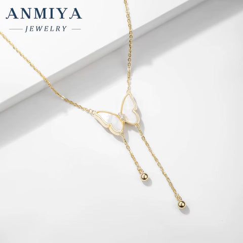 ANMIYA Fashion Jewelry Necklace Female 18K Gold Plated S925 Butterfly Long Tassels Necklace Women