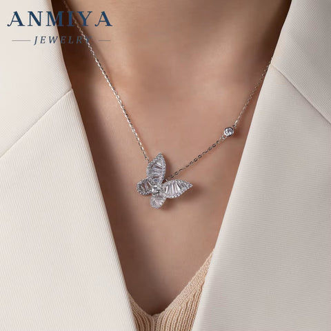 ANMIYA Women'S Fashion Silver Chain Zircon Rhodium Plating Premium Jewelry Butterfly Pendant Necklace