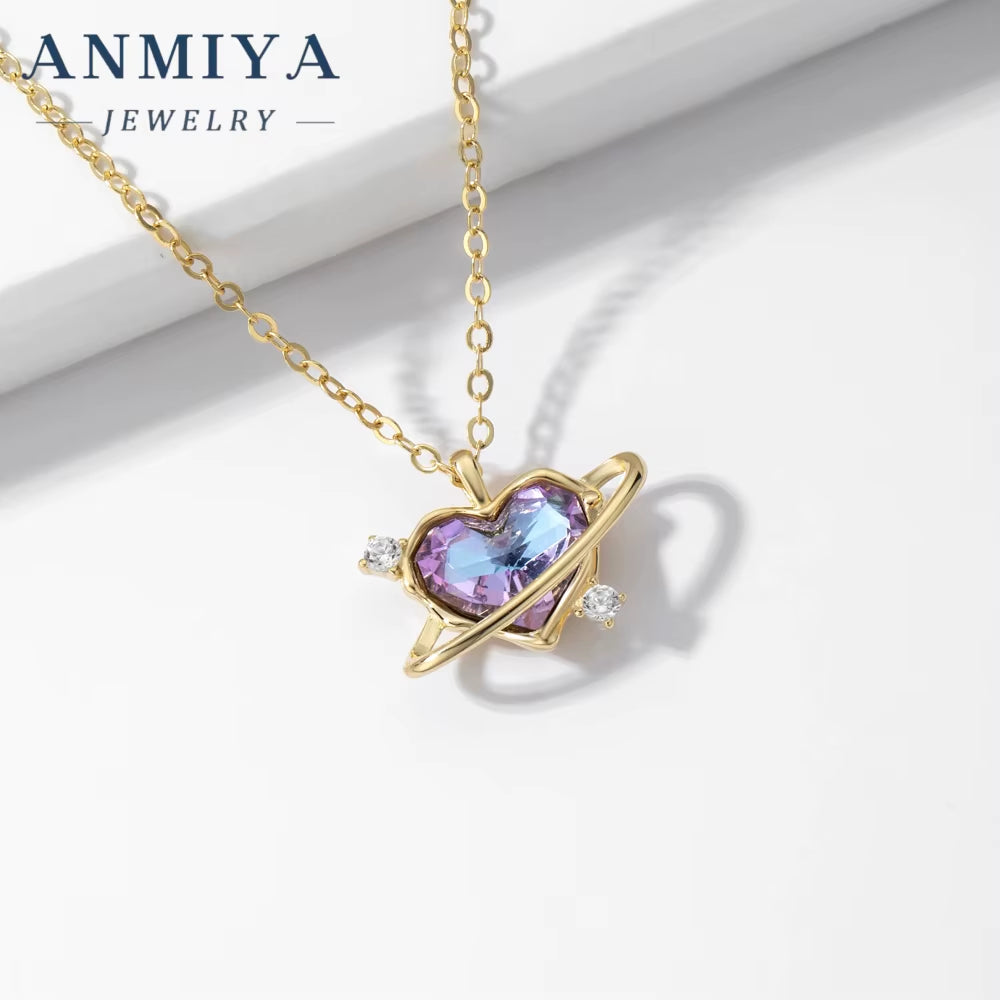 High Quality Fashion Jewelry Factory Shiny Temperament Purple Heart-Shaped Planet 925 Silver Needle Zircon Necklace